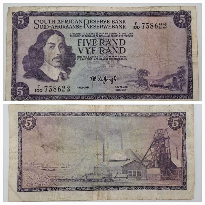 1966-1967 TW de Jongh South Africa 5 Rand- R5 - English-Afrikaans  Prefix F100 -Bank Note