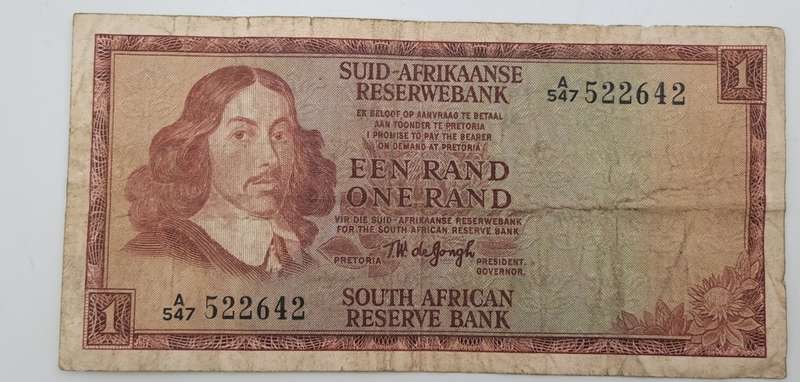 1966 TW de Jongh South Africa 1 Rand- R1 -Afrikaans - English Prefix A547 -Bank Note