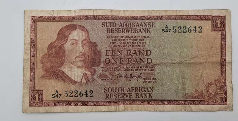 1966 TW de Jongh South Africa 1 Rand- R1 -Afrikaans - English Prefix A547 -Bank Note