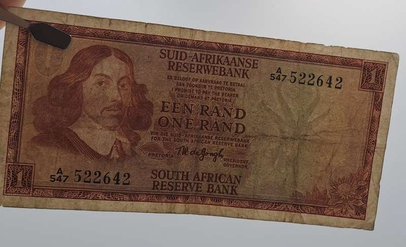 1966 TW de Jongh South Africa 1 Rand- R1 -Afrikaans - English Prefix A547 -Bank Note