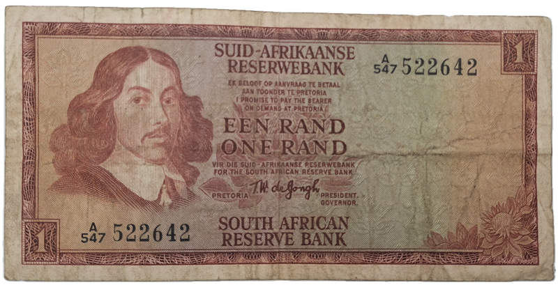1966 TW de Jongh South Africa 1 Rand- R1 -Afrikaans - English Prefix A547 -Bank Note