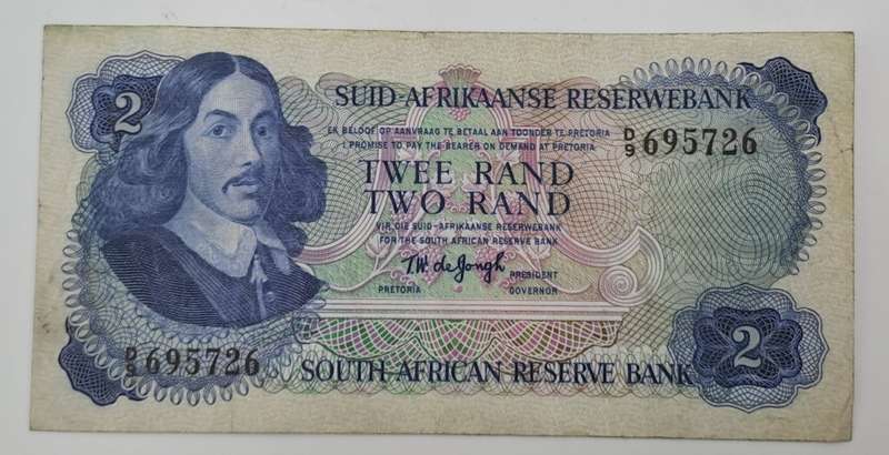 1974 TW de Jongh South Africa 2 Rand- R2-Prefix D9 -Bank Note