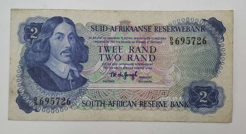 1974 TW de Jongh South Africa 2 Rand- R2-Prefix D9 -Bank Note