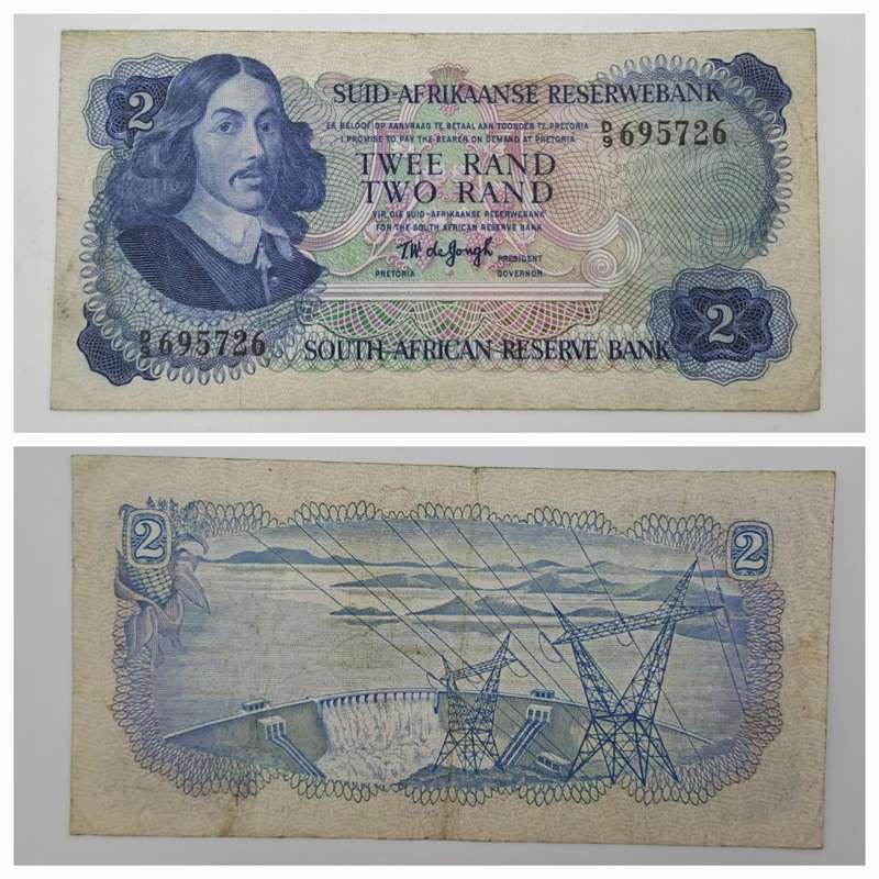 1974 TW de Jongh South Africa 2 Rand- R2-Prefix D9 -Bank Note