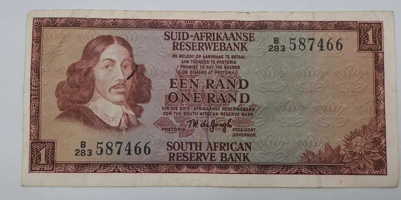 1966 TW de Jongh South Africa 1 Rand- R1 -Afrikaans - English Prefix B283 -Bank Note