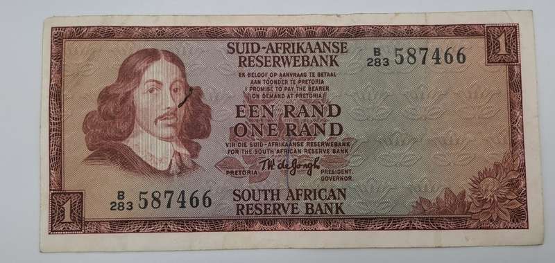 1966 TW de Jongh South Africa 1 Rand- R1 -Afrikaans - English Prefix B283 -Bank Note