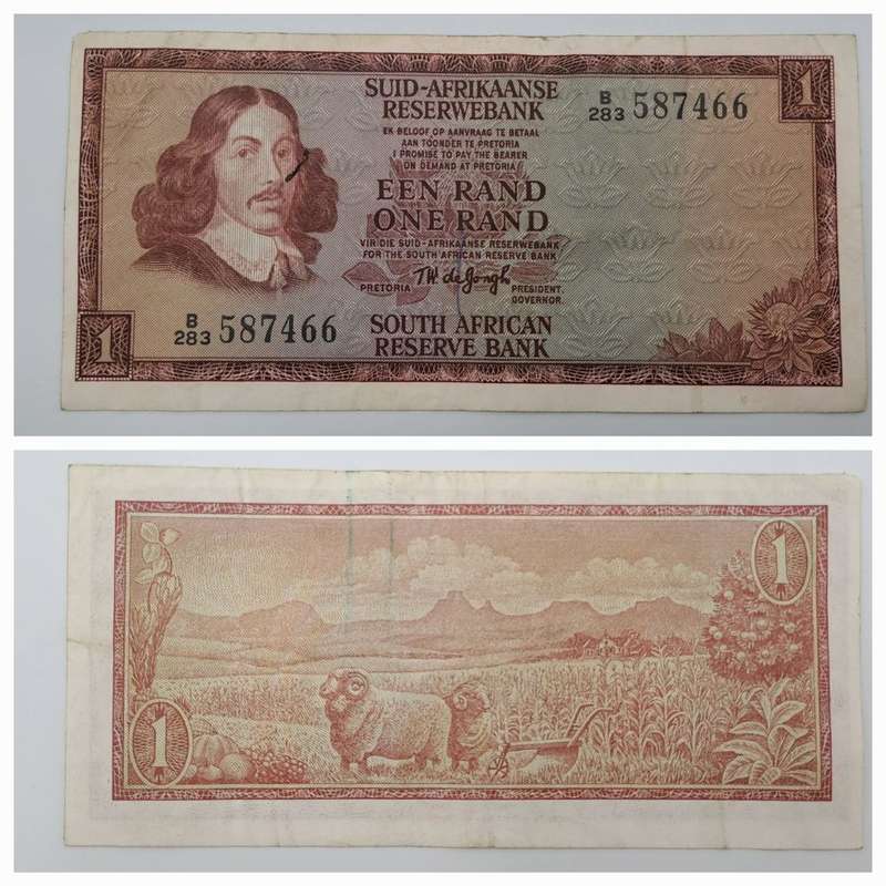 1966 TW de Jongh South Africa 1 Rand- R1 -Afrikaans - English Prefix B283 -Bank Note