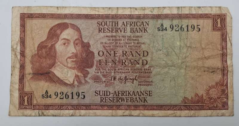 1966 TW de Jongh South Africa 1 Rand- R1 -English -Afrikaans - Prefix A534 -Bank Note