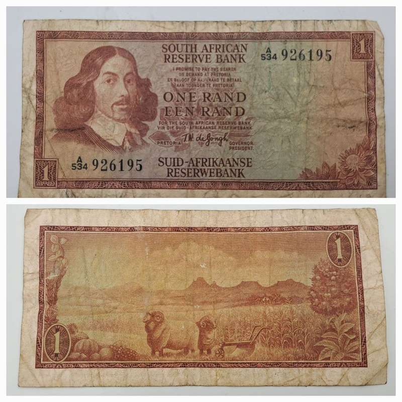 1966 TW de Jongh South Africa 1 Rand- R1 -English -Afrikaans - Prefix A534 -Bank Note