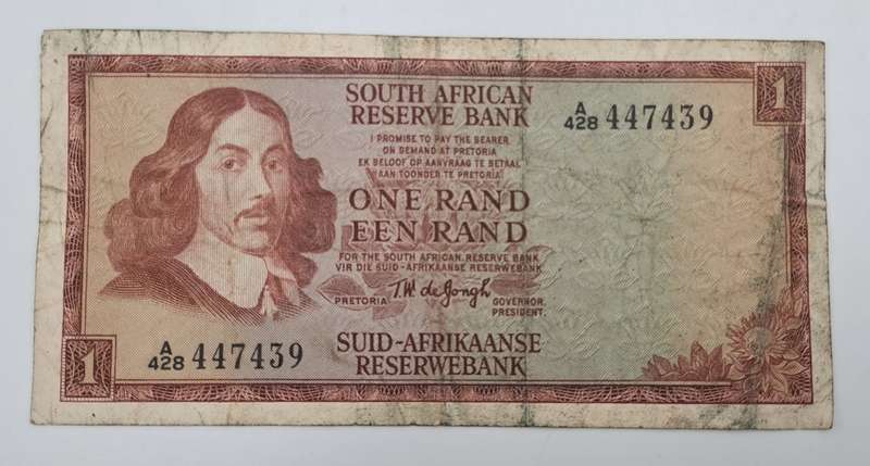 1966 TW de Jongh South Africa 1 Rand- R1 -English -Afrikaans - Prefix A428 -Bank Note