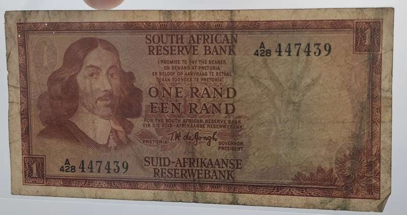 1966 TW de Jongh South Africa 1 Rand- R1 -English -Afrikaans - Prefix A428 -Bank Note