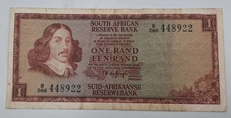 1966 TW de Jongh South Africa 1 Rand- R1 -English -Afrikaans - Prefix B266 -Bank Note