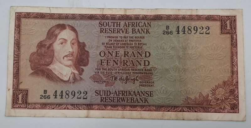 1966 TW de Jongh South Africa 1 Rand- R1 -English -Afrikaans - Prefix B266 -Bank Note