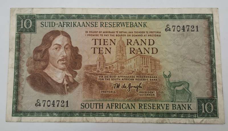 1966 TW de Jongh South Africa 10 Rand- R10 -Afrikaans-English - Prefix C64 -Bank Note