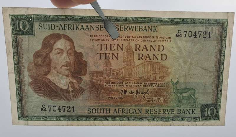 1966 TW de Jongh South Africa 10 Rand- R10 -Afrikaans-English - Prefix C64 -Bank Note
