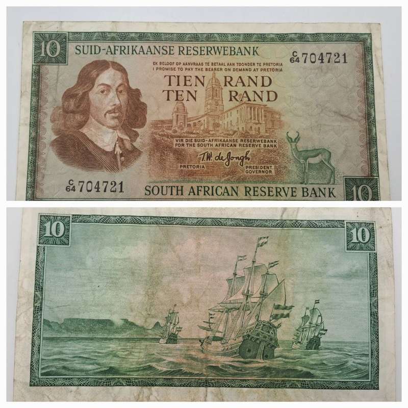 1966 TW de Jongh South Africa 10 Rand- R10 -Afrikaans-English - Prefix C64 -Bank Note