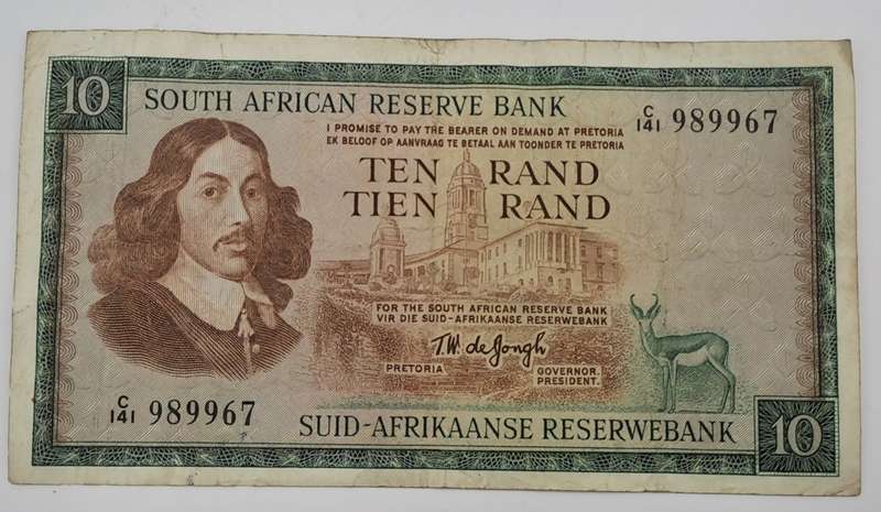 1966 TW de Jongh South Africa 10 Rand- R10 -English -Afrikaans- Prefix C141-Bank Note
