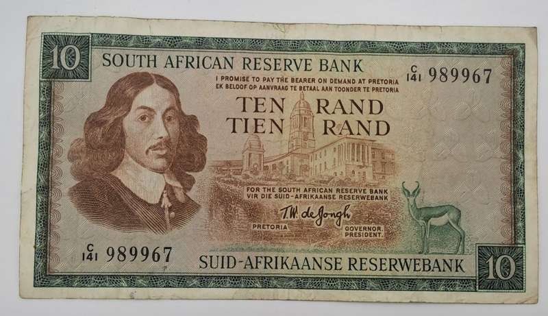 1966 TW de Jongh South Africa 10 Rand- R10 -English -Afrikaans- Prefix C141-Bank Note
