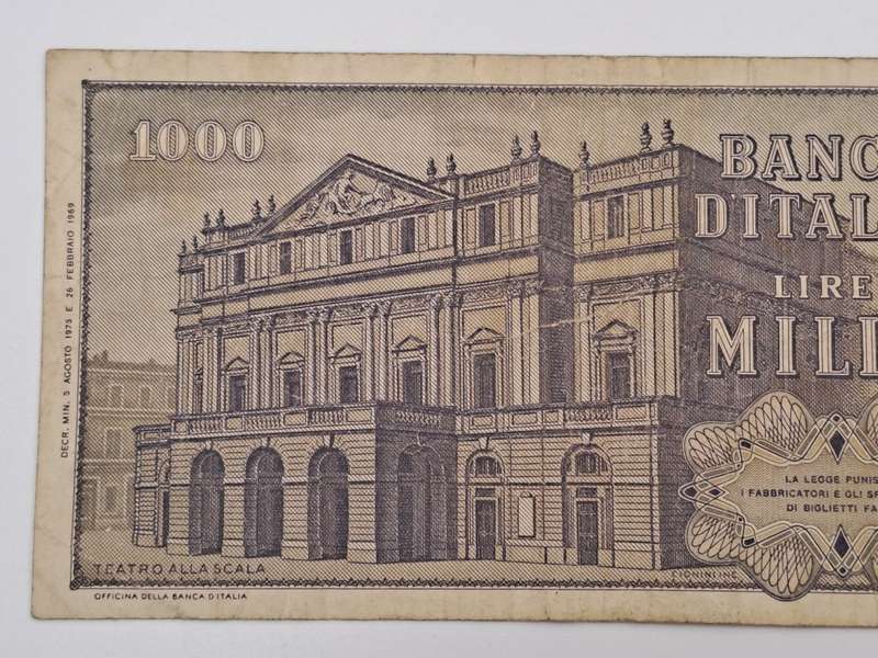1969 Italy 1000 Lire Verdi - 2nd type  -Circulated