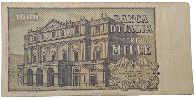 1969 Italy 1000 Lire Verdi - 2nd type  -Circulated