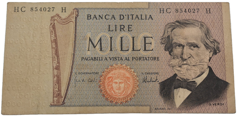 1969 Italy 1000 Lire Verdi - 2nd type  -Circulated