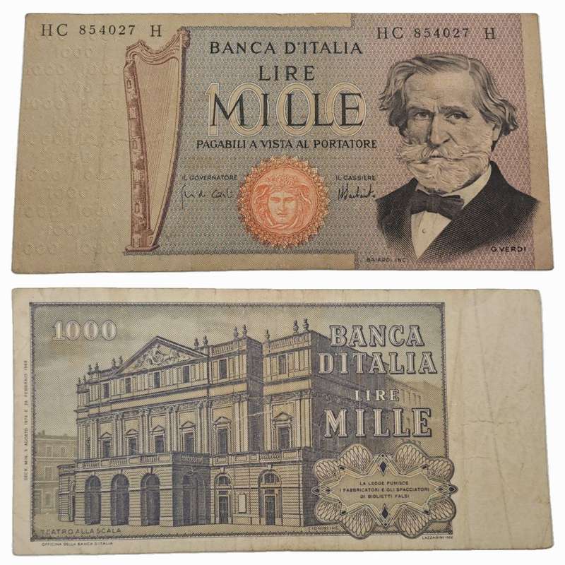 1969 Italy 1000 Lire Verdi - 2nd type  -Circulated