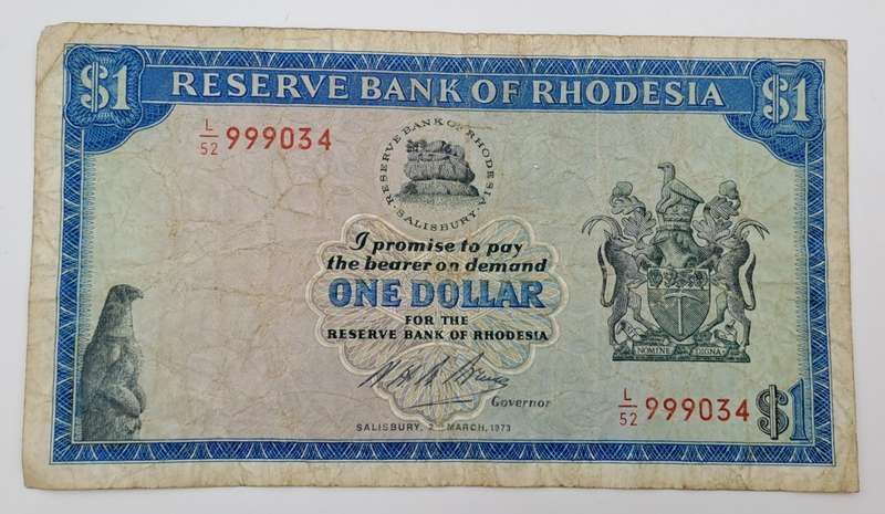 2 March 1973 Rhodesia one Dollar Bank Note -Circulated