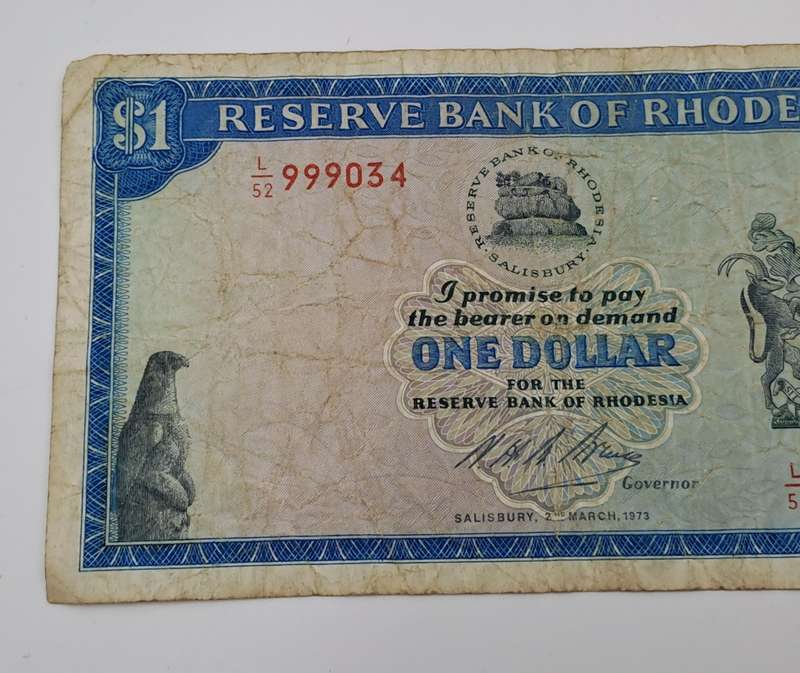 2 March 1973 Rhodesia one Dollar Bank Note -Circulated