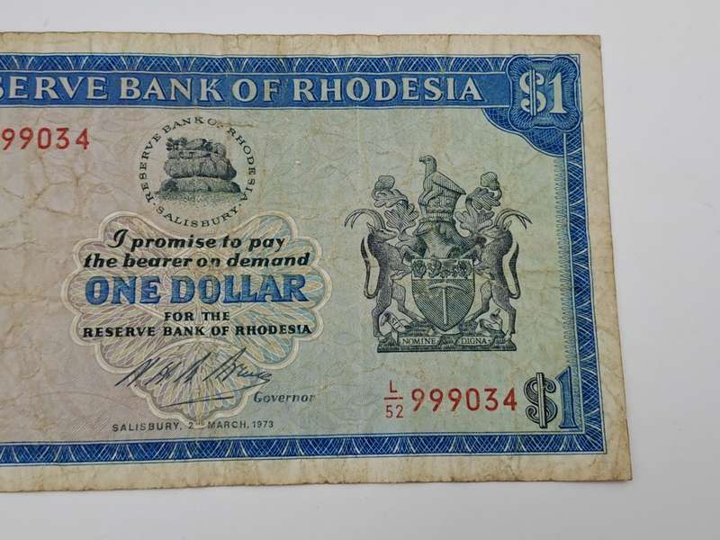 2 March 1973 Rhodesia one Dollar Bank Note -Circulated