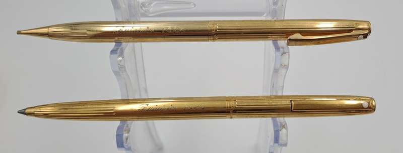 Vintage white dot Sheaffer Gold Electroplated  Ballpoint Pen and pencil - In Case-Ink ok- ENGRAVED