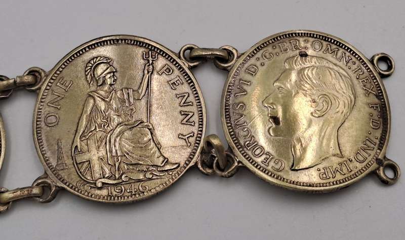 Part of a Vintage Bracelet with 1946 Pennies Cut In Half
