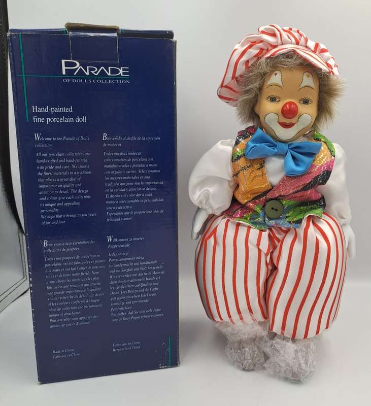 Vintage Hand-Painted Fine Porcelain Doll-Circus Clown - Parade of Dolls Collection -boxed.