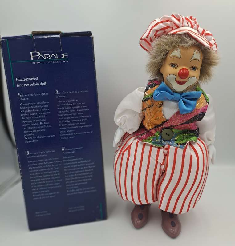 Vintage Hand-Painted Fine Porcelain Doll-Circus Clown - Parade of Dolls Collection -boxed.