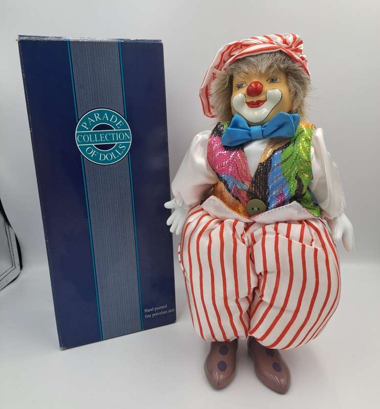 Vintage Hand-Painted Fine Porcelain Doll-Circus Clown - Parade of Dolls Collection -boxed.