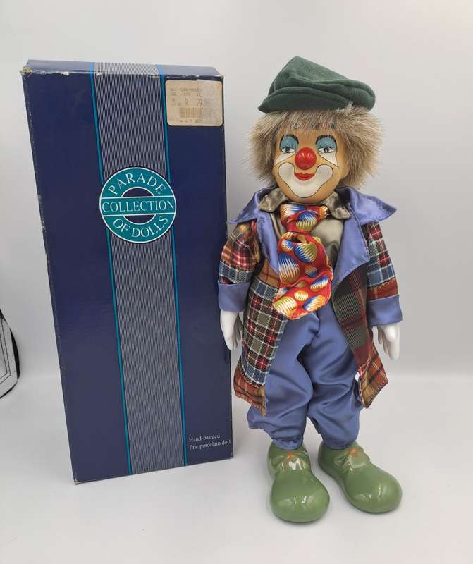 Vintage Hand-Painted Fine Porcelain Doll-Circus Clown - Parade of Dolls Collection -boxed.