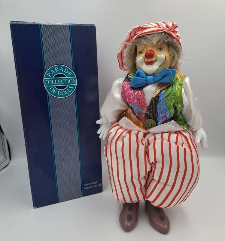 Vintage Hand-Painted Fine Porcelain Doll-Circus Clown - Parade of Dolls Collection -boxed.