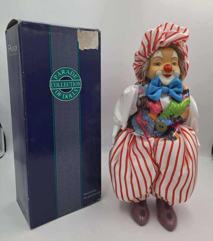 Vintage Hand-Painted Fine Porcelain Doll-Circus Clown - Parade of Dolls Collection -boxed.