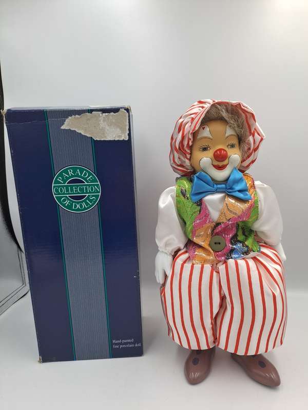 Vintage Hand-Painted Fine Porcelain Doll-Circus Clown - Parade of Dolls Collection -boxed.