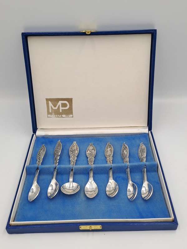 Vintage MP Prata 99 Silverplate Demitassee 7pc  Spoon Set-Boxed