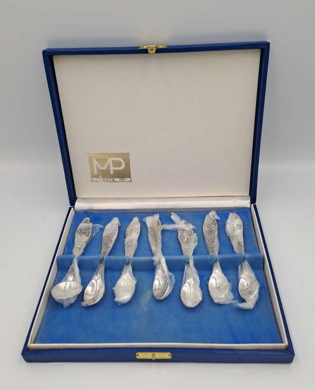 Vintage MP Prata 99 Silverplate Demitassee 7pc  Spoon Set-Boxed