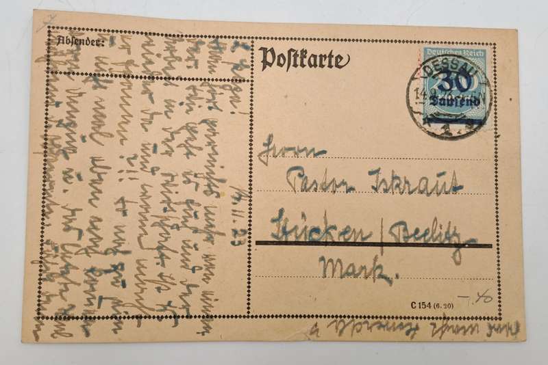 A 1923 Postcard in German with Germany inflation 0/P on 200 Mark .blue 1923 30000 Mark stamp.