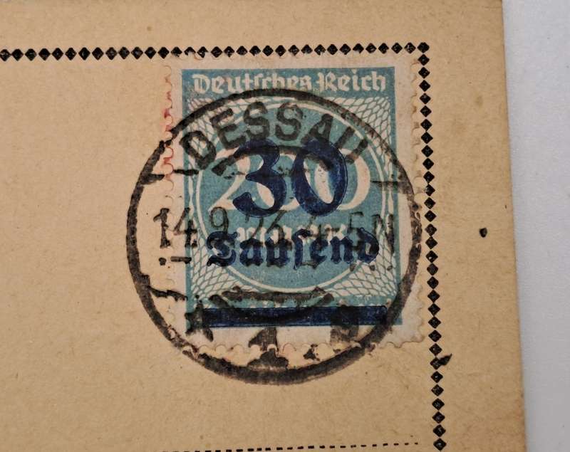 A 1923 Postcard in German with Germany inflation 0/P on 200 Mark .blue 1923 30000 Mark stamp.