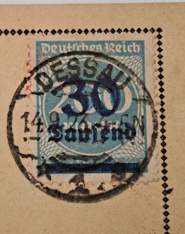 A 1923 Postcard in German with Germany inflation 0/P on 200 Mark .blue 1923 30000 Mark stamp.