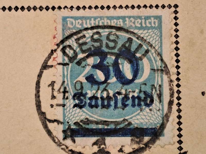 A 1923 Postcard in German with Germany inflation 0/P on 200 Mark .blue 1923 30000 Mark stamp.