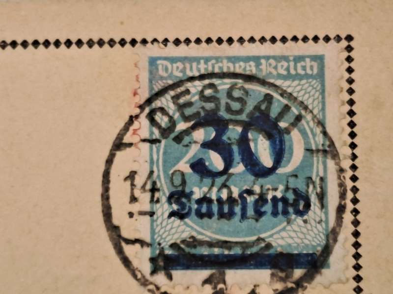 A 1923 Postcard in German with Germany inflation 0/P on 200 Mark .blue 1923 30000 Mark stamp.
