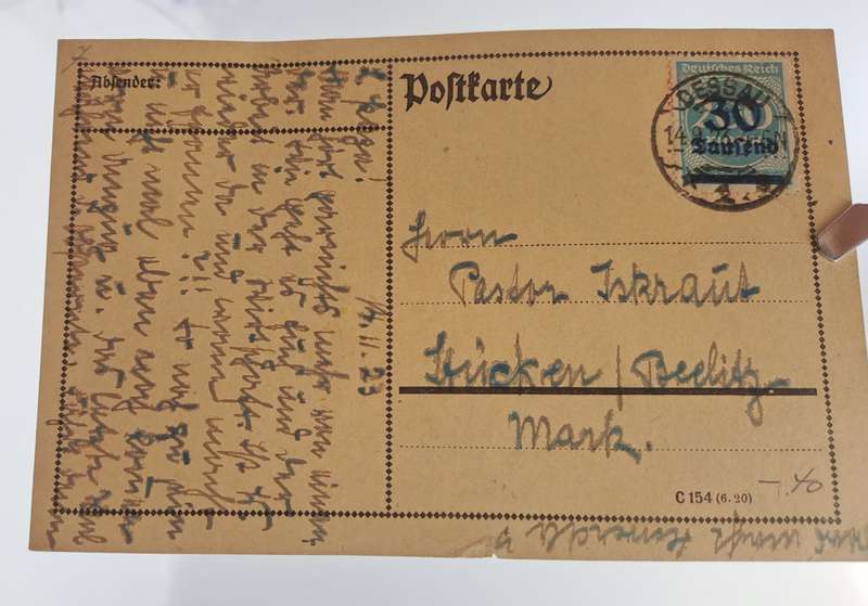 A 1923 Postcard in German with Germany inflation 0/P on 200 Mark .blue 1923 30000 Mark stamp.