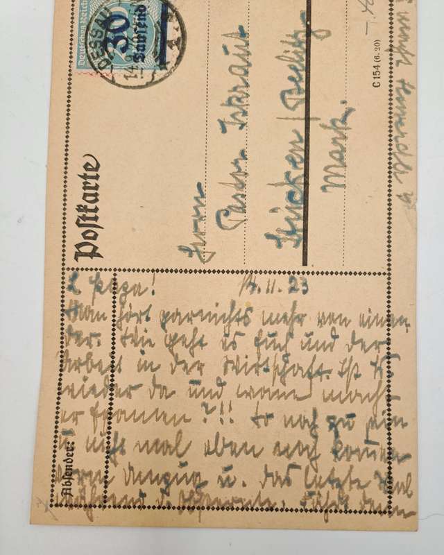 A 1923 Postcard in German with Germany inflation 0/P on 200 Mark .blue 1923 30000 Mark stamp.