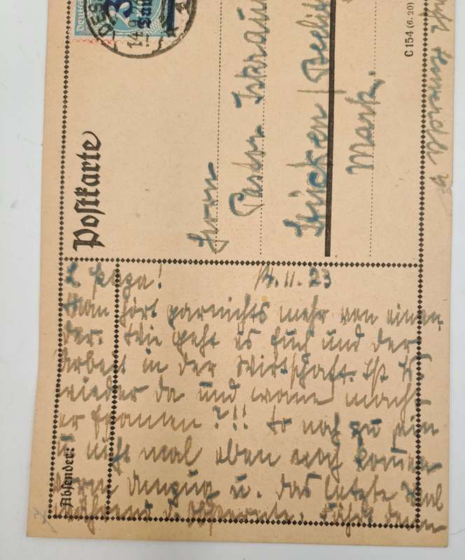A 1923 Postcard in German with Germany inflation 0/P on 200 Mark .blue 1923 30000 Mark stamp.