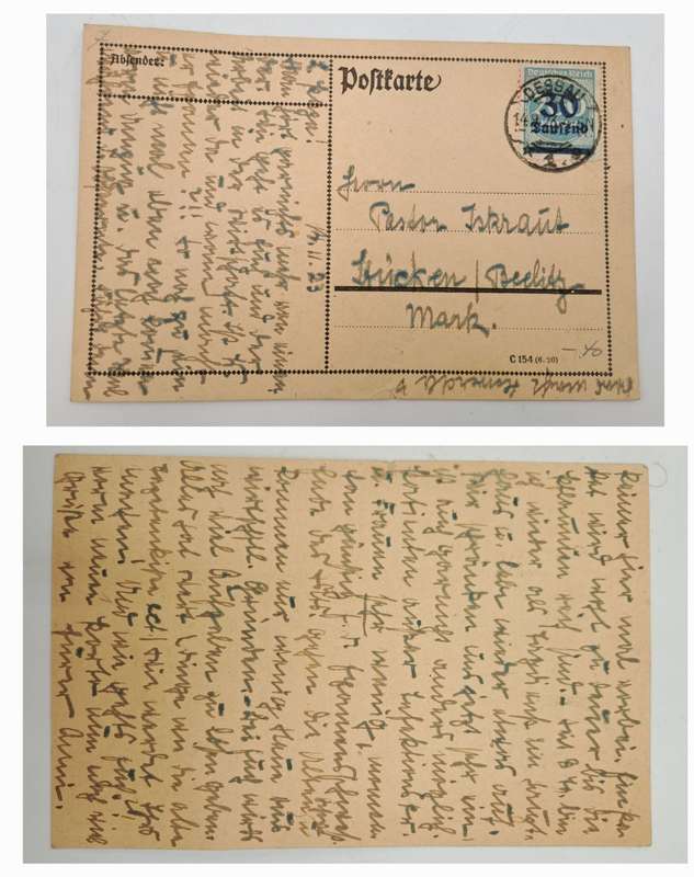 A 1923 Postcard in German with Germany inflation 0/P on 200 Mark .blue 1923 30000 Mark stamp.