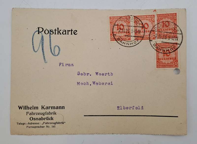 A 1923 Postcard in German with 4 Germany inflation 10 million Mark stamps.
